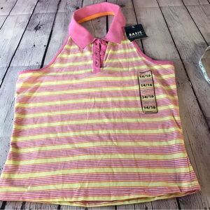 NWT Basic Edition Pink Yellow Striped Polo Halter Top Size 14/16